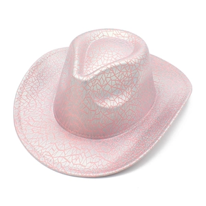 Detail of pink and silver holographic crackle texture on a stylish party cowboy hat