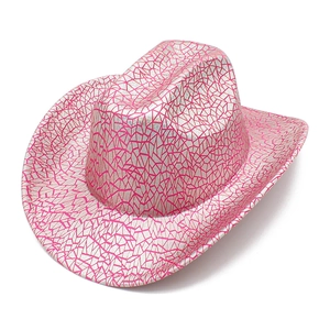 Detailed view of silver western cowboy hat with pink geometric laser sequin patterns
