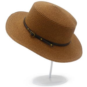 Summer flat top straw boater hat for women with brown leather band and metal buckle