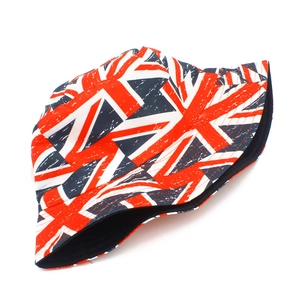 Close-up of vintage Union Jack print on a cotton bucket hat with retro distressed texture