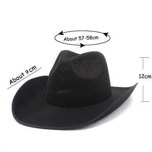 Detail view of black mesh cowboy hat showing dimensions 57-58cm circumference and 9cm brim