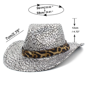 Detail view of sparkly party fedora hat with leopard band and dimension markings