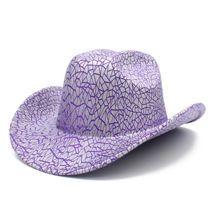 Wide brim silver western cowboy hat with purple laser geometric pattern for stage performance