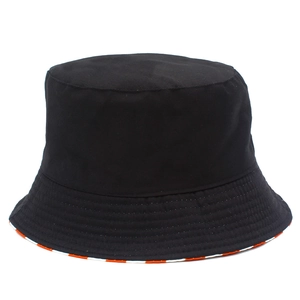 Detail of black cotton bucket hat with orange and white striped lining and stitching