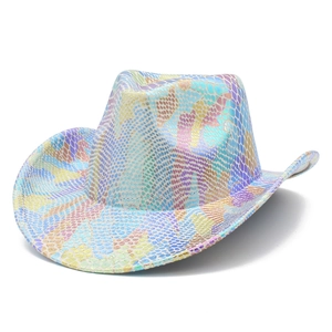 Colorful laser snake pattern western cowboy hat with rainbow metallic gradient scales