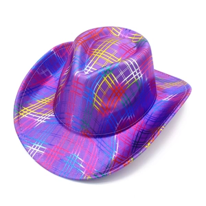 Detailed top view of purple cowboy hat with vibrant colorful stripes for party events
