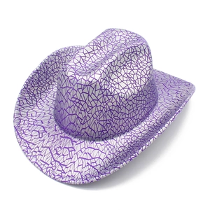 Detail of silver cowboy hat with purple crackle pattern and metallic sequin finish