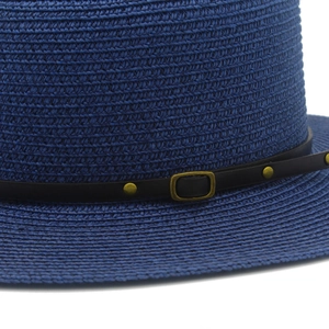 Flat top dark blue straw sun hat with black leather rivet band for summer travel