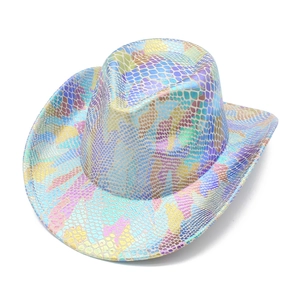 Macro view of iridescent holographic snake skin texture on a cowboy hat with metallic shine