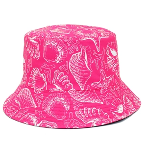 Rose red bucket hat with white sea shell print and wide brim for outdoor sun protection