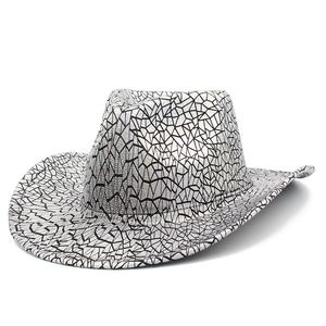 Silver western cowboy hat with black crackle pattern and curved brim for parties