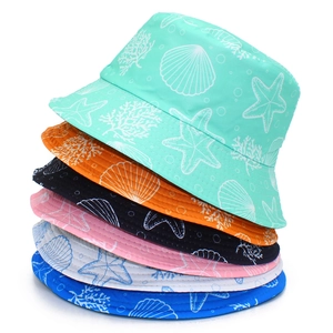 Detailed stack of colorful sun hats with starfish prints in six vibrant summer colors