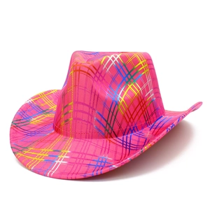 Detail of pink cowboy hat with colorful metallic plaid pattern and structured shape