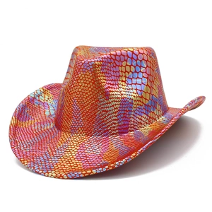 Rainbow iridescent sequin cowboy hat with colorful metallic snake texture for parties