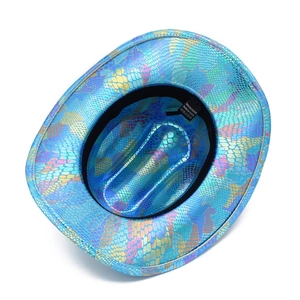 Detailopname van blauwe holografische cowboyhoed met slangenpatroon en zweetband