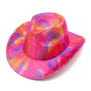 Detail of hot pink cowboy hat with metallic rainbow textured grid pattern for party wear