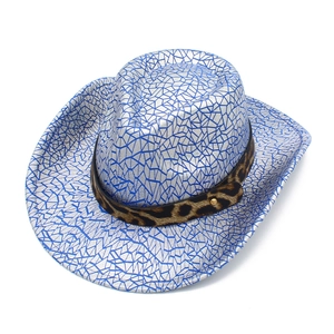 Silver cowboy hat with blue crackle pattern and leopard print band with gold studs