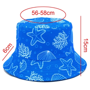 Detailed size chart showing dimensions for a blue starfish print reversible bucket hat