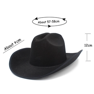 Detailansicht vom schwarzen Mesh-Cowboyhut mit breiter Krempe und Maßangaben