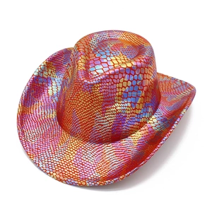 Detail of colorful snakeskin texture and holographic scales on the western cowboy hat