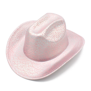 Pink holographic cowboy hat with silver geometric pattern and laser reflective finish