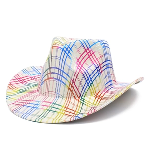 Colorful Rainbow Grid Western Cowboy Hat For Adults 100% Polyester Wide Curved Brim Stage Performance Party Jazz Fedora Hat