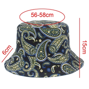 Detailed size specifications for the paisley bucket hat featuring dimensions 56-58cm