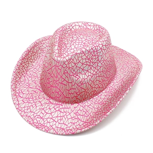 Close-up detail of silver jazz hat with vibrant pink cracked texture and curved brim