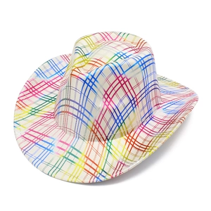 Close-up of a white cowboy hat with vibrant rainbow criss-cross grid pattern texture