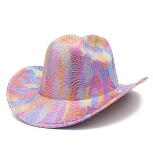 Holografische regenboog western cowboyhoed met slangenprint, metallic glans en brede rand