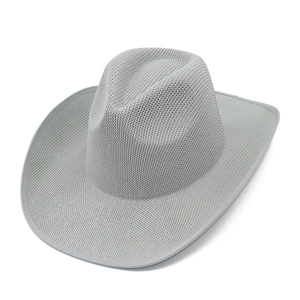 Detail of light gray western cowboy hat showing breathable fine mesh woven texture