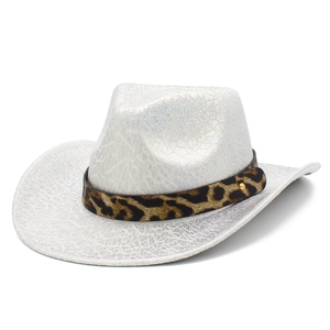 White party cowboy hat with sequin finish, leopard band and golden stud accents