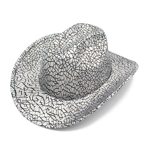 Detailed view of silver sequin cowboy hat with black cracked geometric pattern
