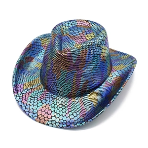 Detail of colorful snakeskin texture cowboy hat with holographic metallic reflections