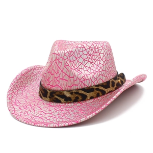 Pink and silver geometric sequin cowboy hat with leopard print band and gold studs