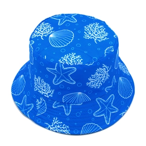 Detailed top view of bright blue sun hat with white starfish and coral ocean prints