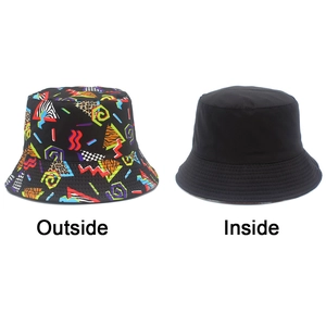 Detail showing reversible bucket hat with colorful geometric pattern and plain black inner side