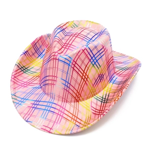 Detail view of pink cowboy hat with rainbow laser stripes and metallic texture