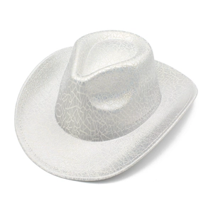 Detail of silver cowboy hat with cracked metallic texture and curled brim for parties
