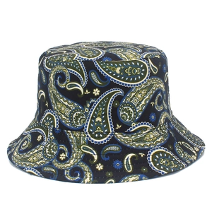 Dark blue paisley bucket hat with wide brim for sun protection, vintage fisherman style