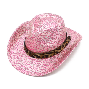 Detail of pink and silver sequin cowboy hat with leopard print band and metallic studs