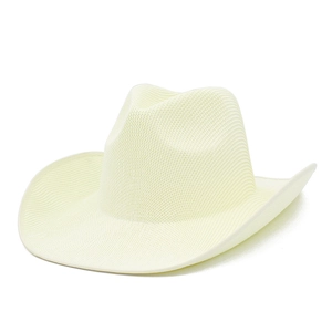 Close-up of the fine woven texture and curved brim on this cream western straw cowboy hat