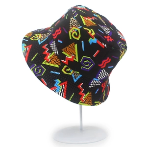 Retro geometric pattern bucket hat with colorful neon prints on black canvas fabric