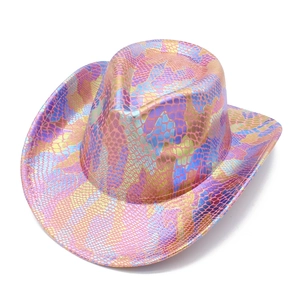 Detail of wide brim cowboy hat with iridescent snakeskin pattern and metallic finish