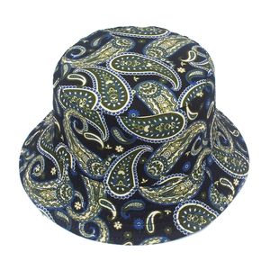 Close-up of retro navy blue paisley pattern on a stylish outdoor sun protection bucket hat