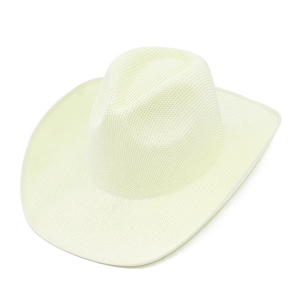 Detailed view of the woven texture and pinched crown of the beige western cowboy hat