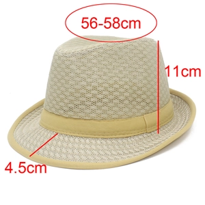 Detailansicht beige atmungsaktive Mesh-Fedora mit 11cm Höhe und 4,5cm Krempe Maßen