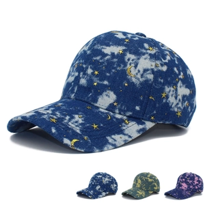Tie Dye Star Moon Embroidered Baseball Cap Acid Wash Denim Adjustable Outdoor Hip Hop Street Sun Hat For Men Women
