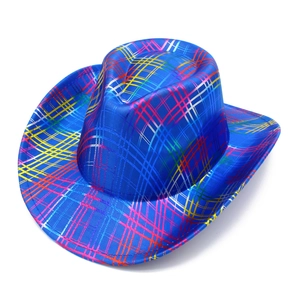 Detailed view of glossy blue cowboy hat with colorful rainbow grid and metallic finish