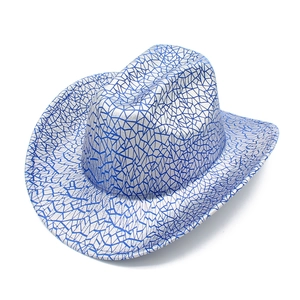 Detail view of silver cowboy hat with blue holographic geometric patterns and wide brim